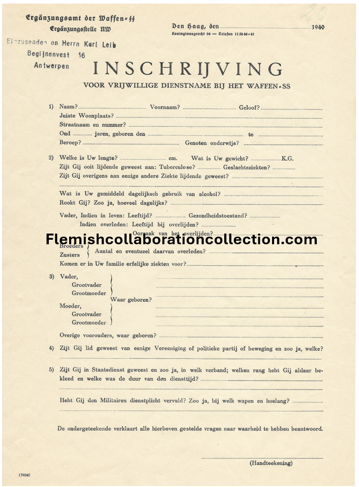 Vroegste (1940) Vlaamse Waffen SS registratieformulier